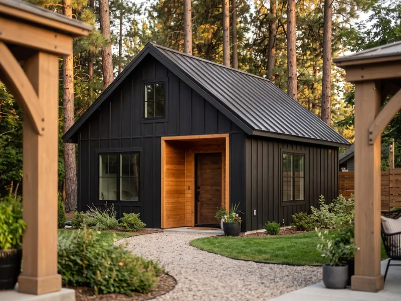 Concept rendering of a small black board-and-batten backyard ADU with a cedar entry among pine trees